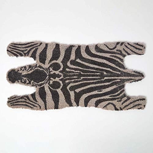 Image of HOMESCAPES Zebra Shape Coir Door Mat Animal Print with Rubber Non-Slip Black and White Indoor and Outdoor Doormat