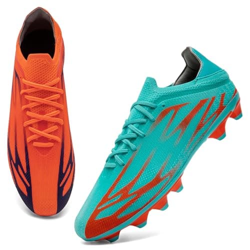Image of ASOCO DREAM Football Boots Men's Astro Turf Trainers Outdoor Football Cleats Professional Athletics Sneakers Teens Training Soccer Shoes,Orange/Turquoise,11.5 UK