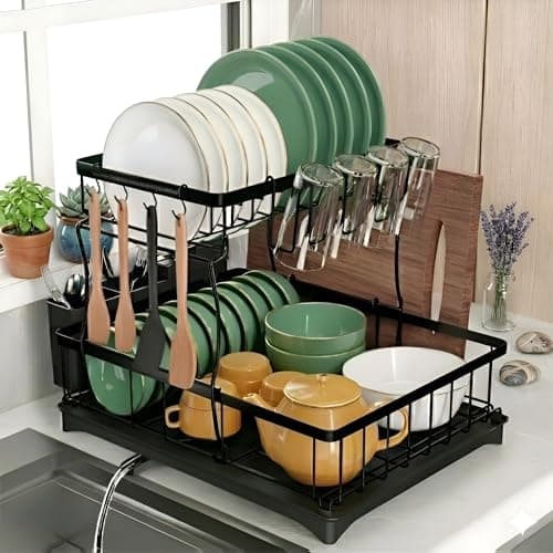 Image of Harnikk Stainless Steel 2 Tier Dish Drainer Rack for Kitchen Sink – Large Dish Rack Drainer with Draining Board & Drip Tray and Extra Spatula Stand - Black