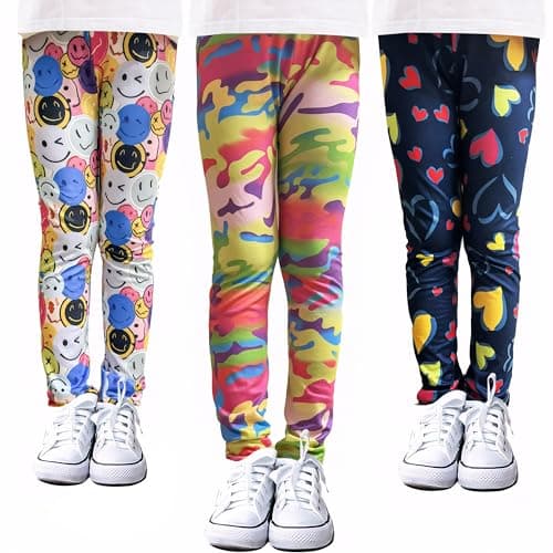 Image of VilyR Girls Printed Leggings 3-Pack Toddler Stretch Dance Running Yoga Sports Tights Pants,Camouflage+Navy Blue Heart+Smiling Face,4-5T