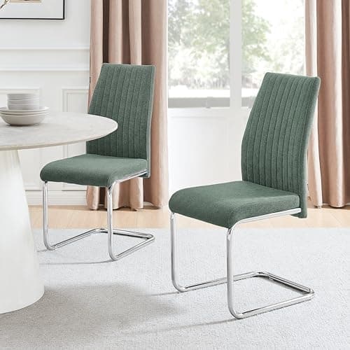 Image of Furniturebox UK Lorenzo Green Fabric Dining Chairs - 2x Chrome Silver Metal Legs - Cantilever Frame - Vertical Stitching - Modern Kitchen Furniture