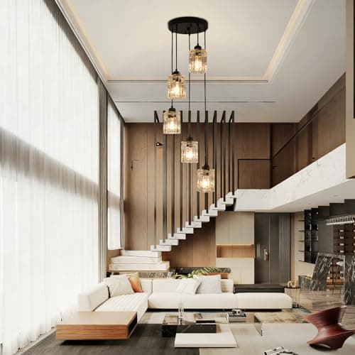 Image of xychfantligh Modern Crystal Pendant Light, Long Chandeliers for High Ceilings, Black 5 Lights Spiral Drop Lamp, Hanging Flush Mount Chandelier for Staircase Foyer Entryway Living Room