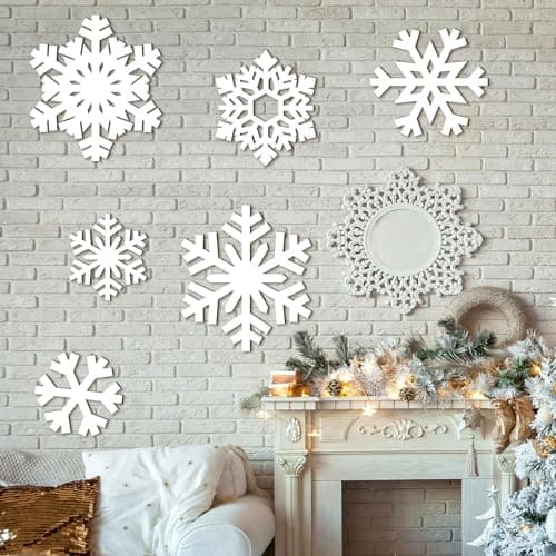 Image of Thyle 6 Pcs Winter Wooden Sign Decoration for Wall Snowflake Shape Sign 3 Sizes Snowflake Hanging Plaques Rustic Wood Wall Holiday Decor for Bedroom Living Room(White)