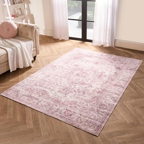 Image of OHS Pink Rug Living Room, Vintage Printed Washable Rug Soft Durable Material Decorative Vintage Home Design Stylish Bedroom Rugs - 80 x 150cm