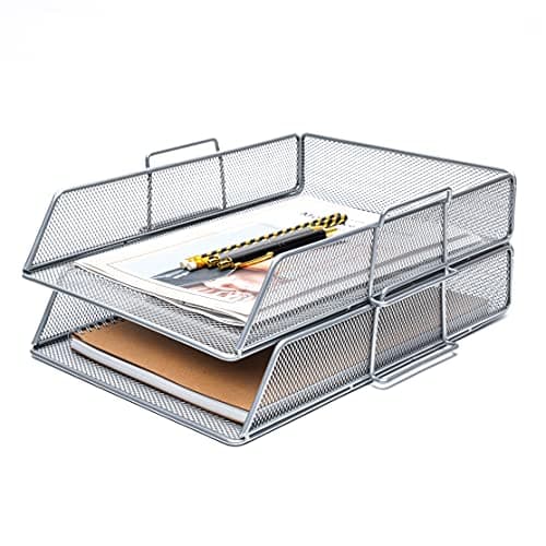 Image of EXERZ Letter Trays 2pcs Stackable Paper Sorter/Desk Organiser/File Tray for Desk - Wire Mesh Metal File Rack - Office, School, Home Study (EX63574-2SILVER)
