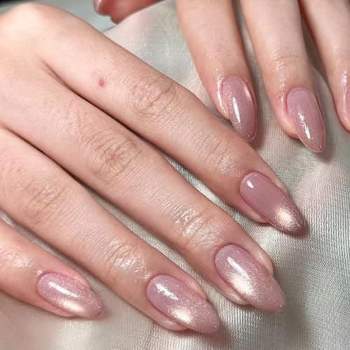 Image of 24Pcs Nude Shimmer Press on Nails – Glossy Cat Eye Almond Fake Nails – Elegant Nude Pink Gradient Stick on Nails for Women – Medium Length Natural Look
