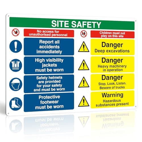 Image of Site Safety Signs for Construction Areas - 600mm x 400mm - Health and Safety Signs, Warning Signage with Clear Instructions - 1mm PVC Rigid Plastic, Matte Finish, 4 Pre-Drilled and Adhesive Pads