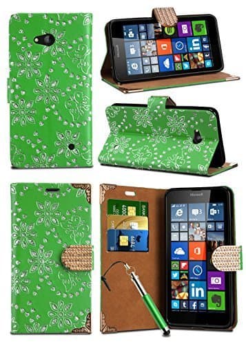 Image of For Nokia Lumia 635 - Sparkle Glitter Crystal Diamond Encrusted Closure Tab Wallet Flip Case Cover with Integrated Stand with RETRACTABLE Capacitive Stylus Touch Screen Pen and Screen Protector in GREEN