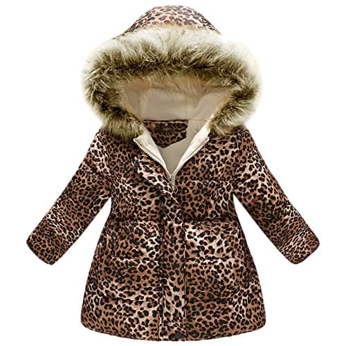 Image of amropi Girls Winter Coat Floral Hooded Jacket with Faux Fur Warm Parka Padded Overcoat 6-7 Years, Leopard