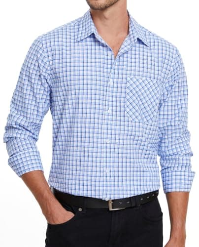 Image of Enlision Mens Shirt Long Sleeve Smart Casual Plaid Check Work Shirts for Men Gingham Country Overshirt Button Down Top with Pocket Regular Fit, Blue and White, XXL