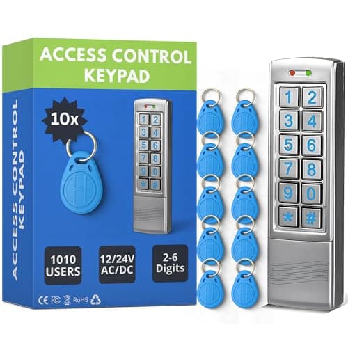 Image of Proximity Digital Keypad for Door Entry System | Both RFID Fobs and PIN code Entry | IP65 Weather Resistant for Outdoor and Indoor Use | Standalone Touchpad Backlight LED (Keypad + 10x Proximity Fobs)