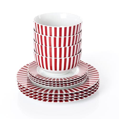 Image of Waterside 12pc Red Stripe Porcelain Dinner Set, 4 Dinner Plates, 4 Side Plates & 4 Deep Bowls - Dishwasher & Microwave Safe
