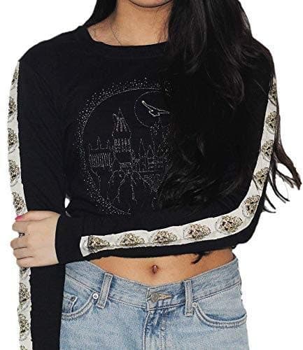 Image of Harry Potter Licensed Girls & Women’s Cropped Hoodie | Hogwarts House Crests | Premium Embroidery & Sleeve Tape | 4 Colors | Sizes XS–XL (XL) Black