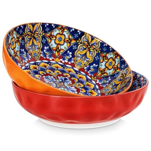 Image of vancasso SIMI 2340 ml Salad Bowls Set of 2, Large Porcelain Serving Bowls, Microwave & Dishwasher Safe Mixing Bowl, Pasta Bowls, Soup Bowls for Kitchen and Dinner, Red and Orange