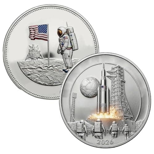 Image of Artemis II Commemorative Silver Coin,Space Exploration Memorabilia Challenge Coin,Moon Landing Collectible Coins,Double-Sided Collector Coins,Space Exploration Souvenir for Astronomy Lovers (A)