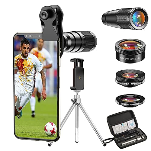 Image of Apexel Cell Phone Camera Lens-22X telephoto Lens +25X Macro Lens+120° Wide Angle Lens+205°Fisheye 4 IN 1 Phone Lens Kit with tripods for iphone 11 pro huawei P30 Samsung and More