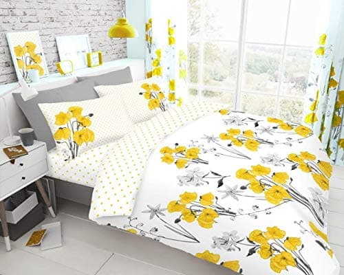 Image of GC GAVENO CAVAILIA Poppy Floral Double Bedding Set, Reversible Duvet Cover with Pillowcases | Easy Care Cotton Blend Quilt Cover | Soft, Durable and Machine Washable Bed Linen, Yellow