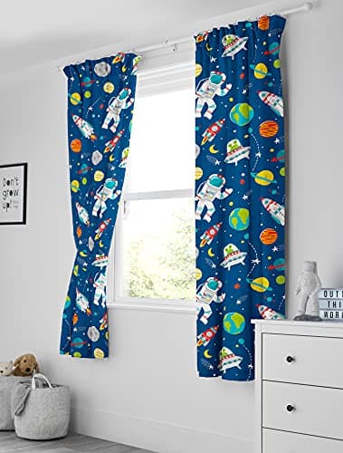 Image of Bloomsbury Mill - Kids Curtains for Boys & Girls Bedroom - Space, Rockets and Planets - Lined Curtain Pair with Tiebacks - Blue Nursery Curtains for Childrens Baby Room - 66X72 inch drop (168x183cm)