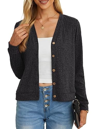 Image of GRECERELLE Women's Crop Cardigan Summer Long Sleeve V-Neck Button Down Knit Lightweight Outerwear Shrug Shawl Bolero Cardigans for Ladies (Dark Grey, L)