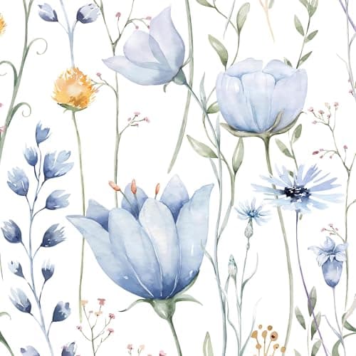 Image of Fiula Watercolour Floral Wallpaper Blue 44cm x 300cm – Soft Botanical Peel and Stick Wall Paper, Self Adhesive, Removable & Waterproof Elegant Flower Wallpaper for Bedroom, Living Room & Nursery