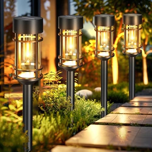 Image of btfarm 4 Pack Solar Lights Outdoor Garden, Stake Lights Solar Powered Waterproof, Auto On/Off Outside Pathway Garden Light Ornament for Yard Driveway Patio Lawn Decorative, Warm White