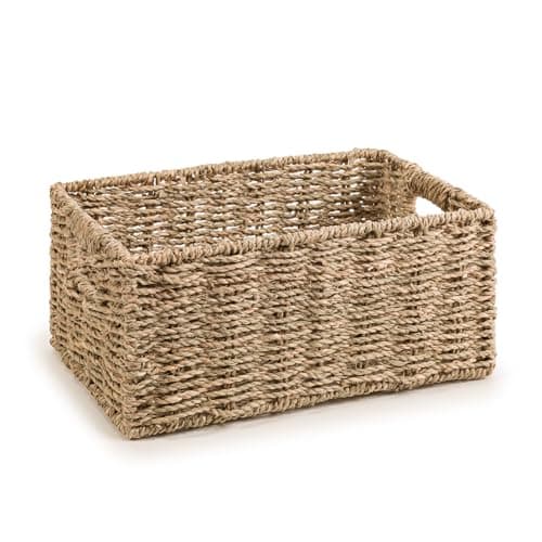 Image of Woodluv Storage Baskets for Shelves, Woven Seagrass Hamper Gift Basket Bathroom, Bedroom, Storage Organiser Toys Shelf Basket, Small