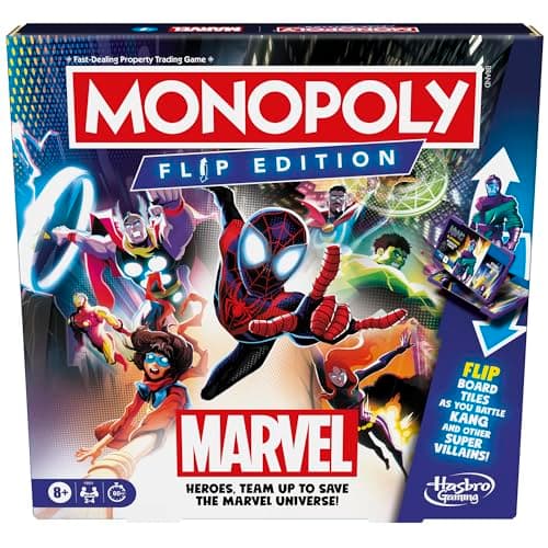 Image of Hasbro Gaming Monopoly Flip Edition: Marvel, Strategy Board Game for 8+ Year Old Kids, for 2-4 Players, Family Games for Children and Adults