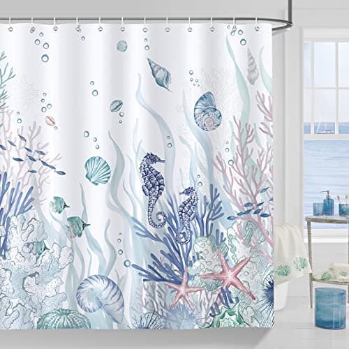 Image of Bonhause Nautical Coastal Shower Curtain Coral Seahorse Beach Ocean Blue Bathroom Curtain 180 x 180 cm Waterproof Mildew & Mould Resistant Polyester Fabric Bath Curtain with 12 Hooks