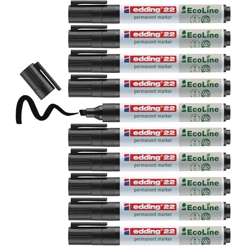 Image of edding 22 Ecoline permanent marker - black - box of 10 - chisel tip 1-5 mm - waterproof, quick-drying, smear-proof pens - for cardboard, plastic, glass, wood, metal and fabric - refillable