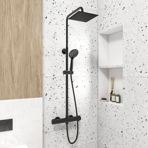Image of Huibathroom Thermostatic Shower Mixer Set for Bathroom Square Matte Black Designer Rainfall Shower Head Handset Exposed Valve, Hose & Rail