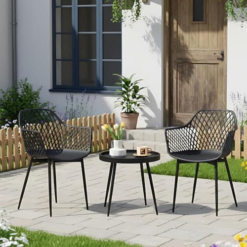 Image of DazzlerE Metal Bistro Sets for 2 for Garden, Garden Table and Chairs Set 2, Ergonomic Chairs Suitable for Indoor or Outdoor, Black, 2 Armchairs + 1 Coffee Table