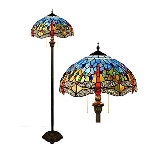 Image of GDLight Tiffany Style Dragonfly Reading Floor Lamp Mediterranean Blue Stained Glass Floor Lamp with Pull Chain for Bedroom Living Room, 63 Inch Tall