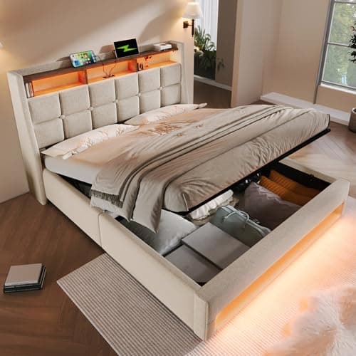 Image of Merax Double bed frame with Storage, 4ft6 Upholstered Double Ottoman Bed Frame with Storage Headboard Shelves&Charging Station&&LED Lights(head and foot), Beige+Linen (No Mattress)/135x190CM