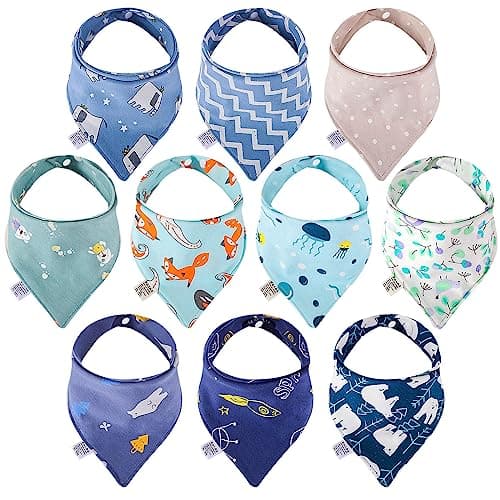 Image of Lanjue Baby Bandana Dribble Bibs, 10-Pack Cotton Baby Feeding Bibs Super Absorbent Drool Bibs with Adjustable Snaps for Newborn and Toddlers (Blue)