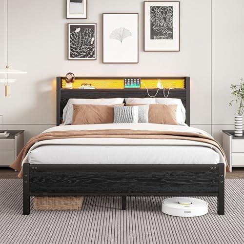 Image of MOFLUT Double Bed Frame with Wooden Storage Headboard Shelf, 4ft6 Wooden Bed Frame Double Bed with Charging Station/USB Ports and LED Lights, Black