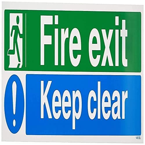 Image of V Safety Fire Exit/Keep Clear Sign - Landscape - 450mm x 150mm - 1mm Rigid Plastic, Blue, Green