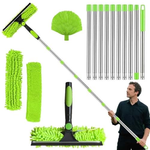 Image of 4.5M Window Squeegee Cleaner Tool Kit with Long Handle, 2-in-1 Squeegee & Microfiber Cloth,with Spider Web Brush for Indoor/Outdoor High Window, car windows cleaning(green)