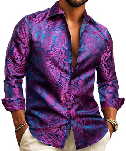 Image of Barry.Wang Men Dress Shirt Silk Luxury Paisley Floral Long Sleeve Big and Tall Wedding Party Casual Business Formal Shirts Purple S-3XL