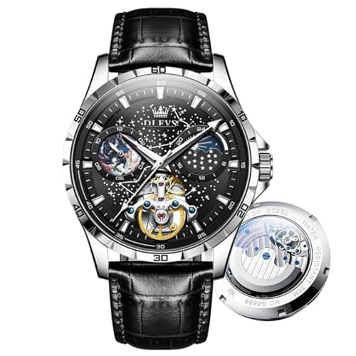 Image of OLEVS Mens Automatic Watches Starry Sky Skeleton Tourbillon Self Winding Mechanical Wrist Watch,Waterproof and Luminous Stainless Steel Precision Watch Strap (6689-Black dial Belt)