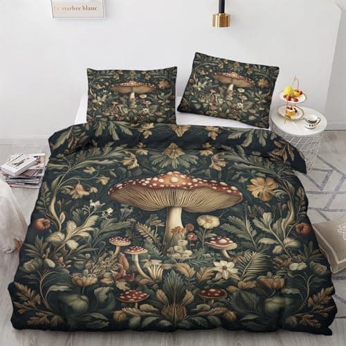Image of Mushroom Duvet Cover Set Super king Size, Fungus Plant Botanical Bedding Set 260x220 cm, Quilt Cover with 2 Pillowcases, Soft Microfiber 3pcs, Zip 21D&-13