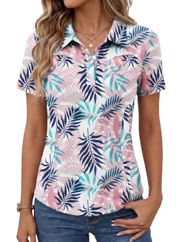 Image of IECCP Women's Golf Polo Shirts Short Sleeve Cotton Collared Lightweight Moisture Wicking T-Shirt Summer Workout Casual Tennis Tops with 3-Button 2026 (Pink Leaf,L)