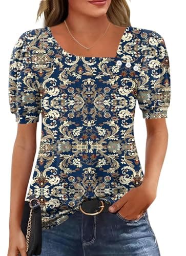 Image of Rapbin Ladies Tops Puff Short Sleeve Blouses Elegant Asymmetrical Neck Tunic Buttons T Shirt Summer Womens Tops for Leggings Navy Boho Print L