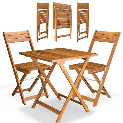Image of CASARIA® 3-Piece Bistro Table and Set of 2 Chairs | Elegant Acacia Wood | Foldable Coffee Table & Chairs | Ideal for 2 People | Weatherproof Garden Patio Furniture | Brown