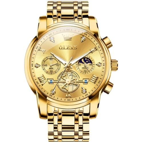 Image of OLEVS Men's Gold Watch Luxury Classic Diamond Analog Quartz Watches Men Big Face Gold Stainless Steel Chronograph Watch for Men Roman Numerals Tourbillon Dial Waterproof Luminous Mens Watches