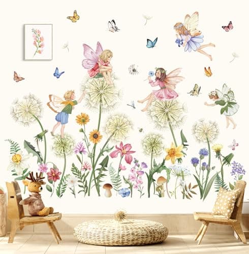 Image of wondever Dandelion Fairy Wall Stickers Elves Flower Butterfly Peel and Stick Wall Art Decals for Girls Bedroom Kids Room Baby Nursery