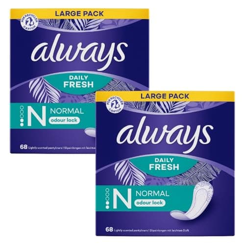 Image of Always Dailies Normal Pantyliners, 2 Packs of 68, 136 in Total, Up to 100% Odor Control, Daily Freshness, Feminine Hygiene Protection, Enhanced Absorbency, Comfort Inlay, Stay Fresh Throughout The Day