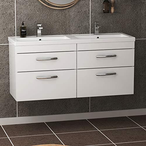 Image of 1200mm Wall Hung Bathroom Vanity Unit Double Basin 4 Drawers Storage Cabinet Furniture - Gloss White