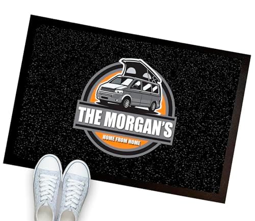 Image of Artylicious Personalised Campervan door mat, large pop top motorhome van interior mat 60 x 40cm door mat Black (circle)