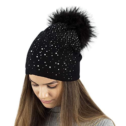 Image of TOSKATOK® Ladies Fine Knit Winter Beanie hat with Diamante Glitter Applique and Large Faux Fur Pompom-Black