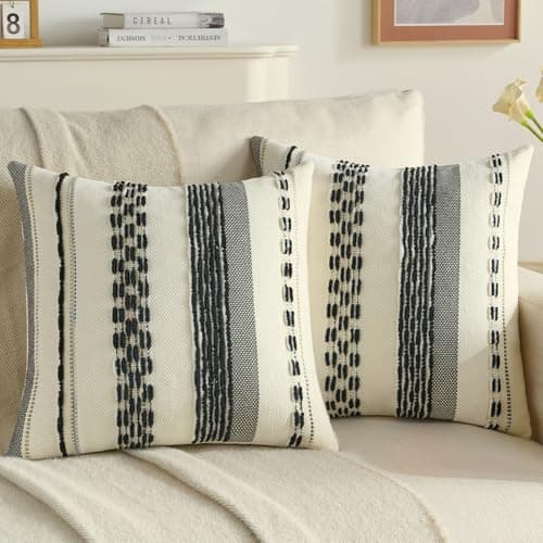 Image of FUTEI Set of 2 Soft Chenille Tufted 45cm x 45cm Cushion Covers Colorful Striped Textured Scatter Pillow Covers 45 x 45 cm Modern Boho Accent for Sofa Bed Living Room, Black White